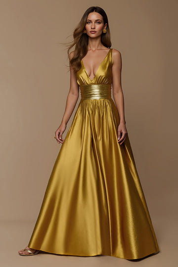 Metallic Golden Satin A-Line Holiday Dress